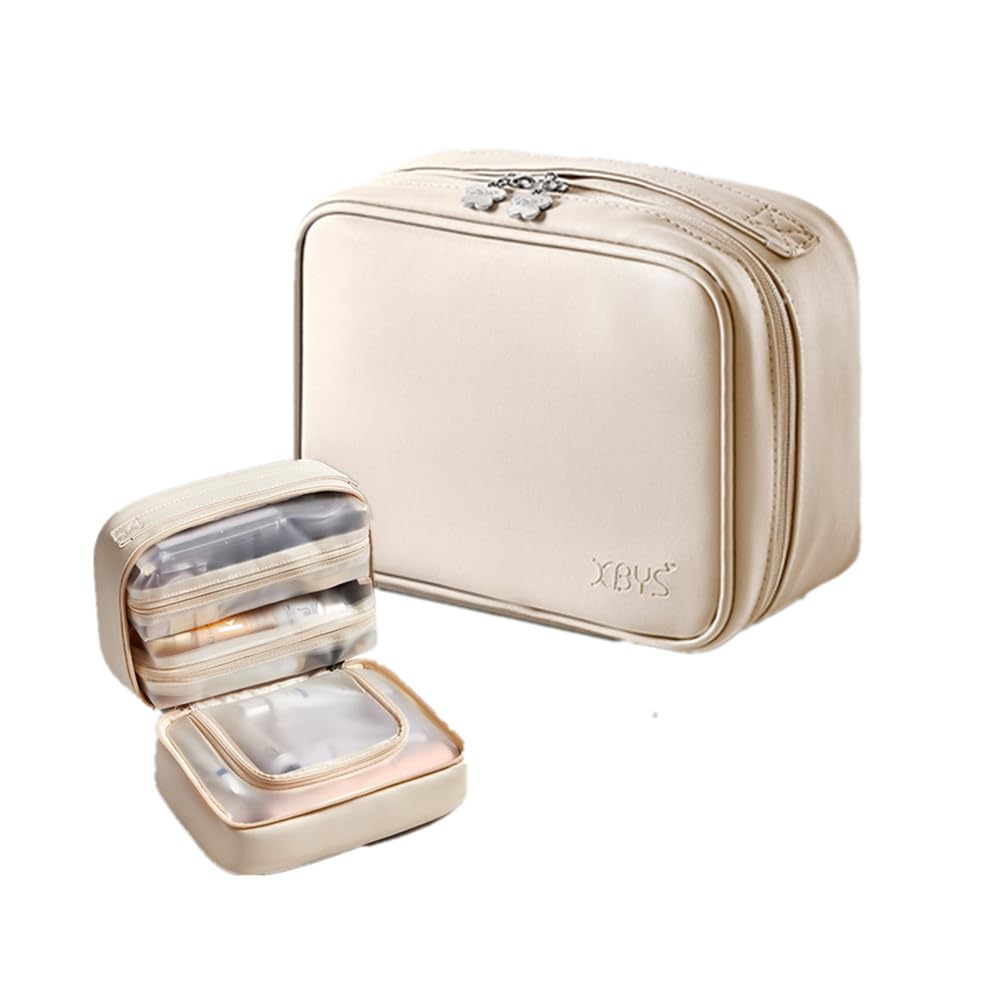 FLORPERRY Makeup Vanity Small Cosmetic Makeup Bag Large Travel Makeup Toiletry Bathroom Lined Beige 2 Pouch, Women's Pouch, Organizer, Pouch, Set,