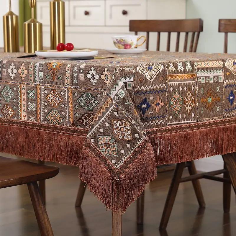 Geometric Patterns Chenille Tablecloth Tassel Edge Embroidered Dining Table Cover  Rectangular Thick Wear-resistant Table Cloth