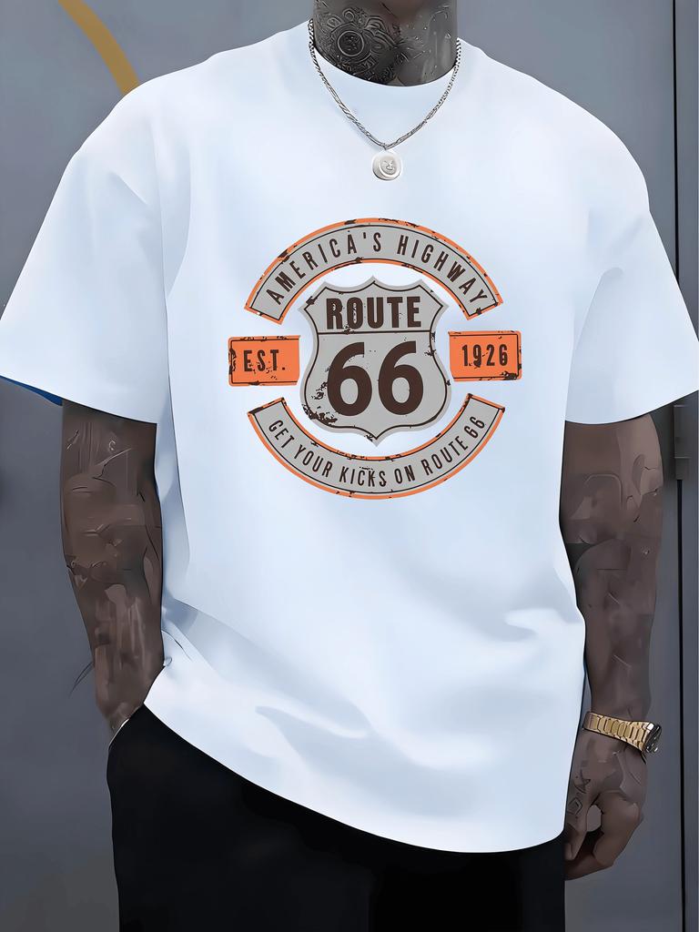 Plus-size Outdoor Casual Sports T-shirt, Route 66 Themed Limited Edition Vintage T-shirt- Classic American Road Sign Hea