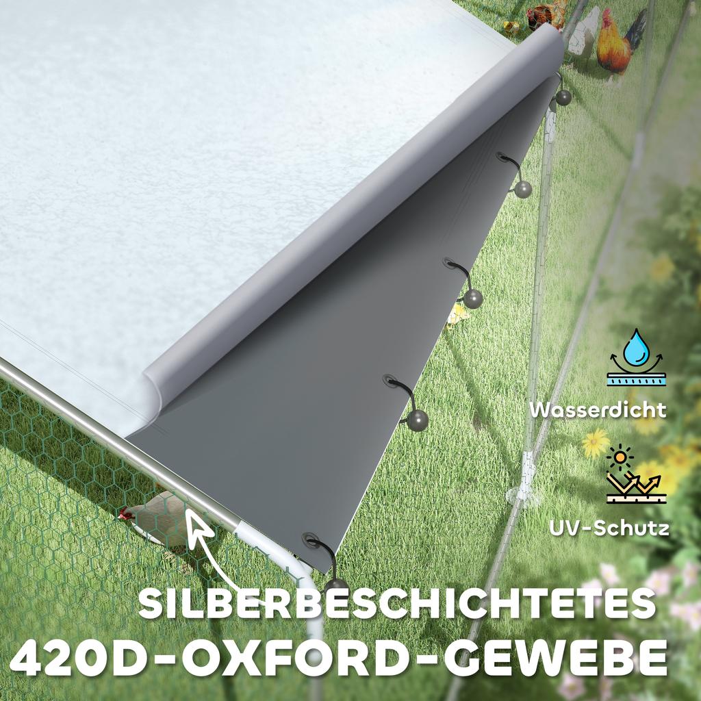 Chicken coop, free-range enclosure for chickens, with UV-resistant tarpaulin, steel mesh, automatic feeder, for 24-30 chickens
