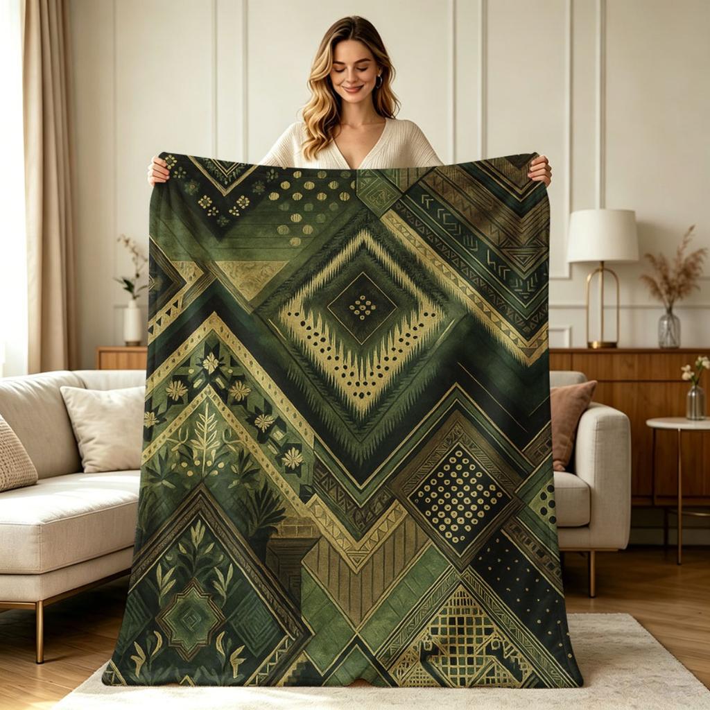 Soft Warm Flannel Blanket with Vintage Tribal Geometric Floral Print All Season Throw Blanket for Couch Sofa Bedroom Office Living Room Home Decorativ