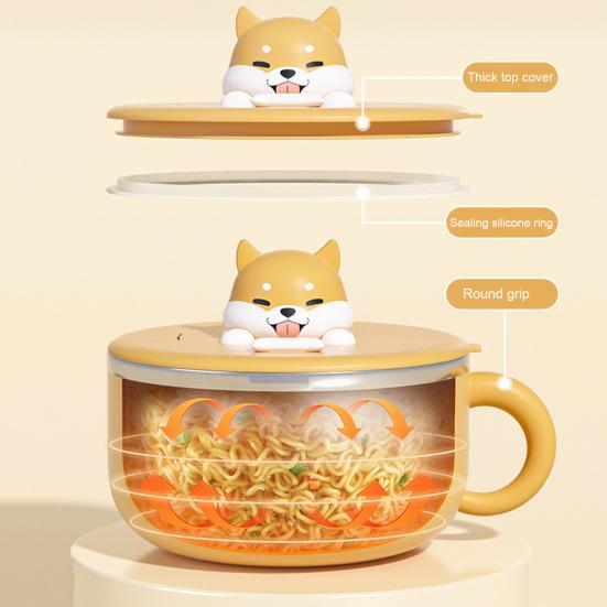 Миска для лапши с крышкой Чаша для рамэна из нержавеющей стали Салатница для общежития Держатель для офисного телефона Термостойкие ручки Двухслойные нержавеющие