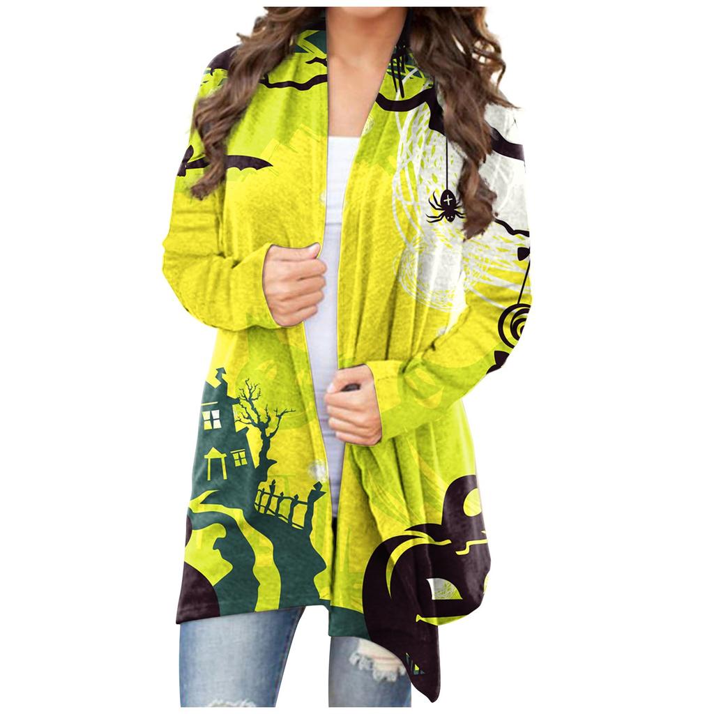Женский кардиган, свободное повседневное верхнее пальто с карманами и длинными рукавами с принтом Хэллоуина