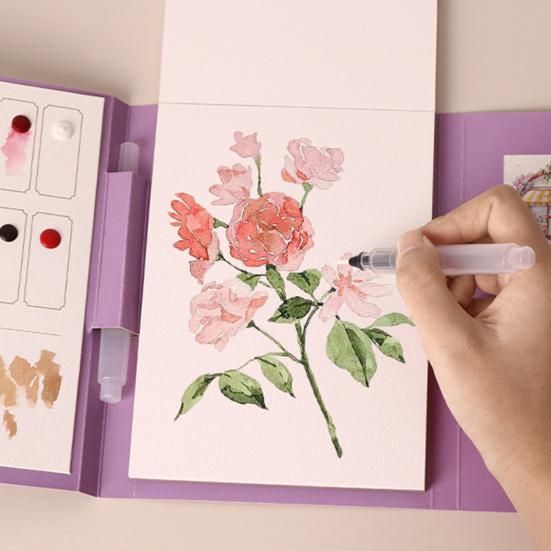 Портативный альбом для гуаши, трехстворчатый дизайн, набор акварельных листов с 12 ячейками для красок, эргономичная кисть, арт-набор для снятия стресса