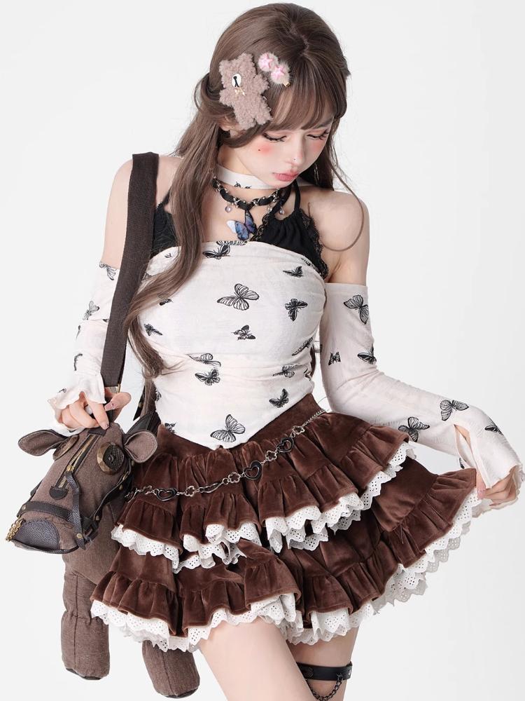 Коричневая вельветовая мини-юбка, милая, милая женская юбка-тортик, с рюшами и строчкой по краю, Лолита, готика, Y2K, American Spicy Girl