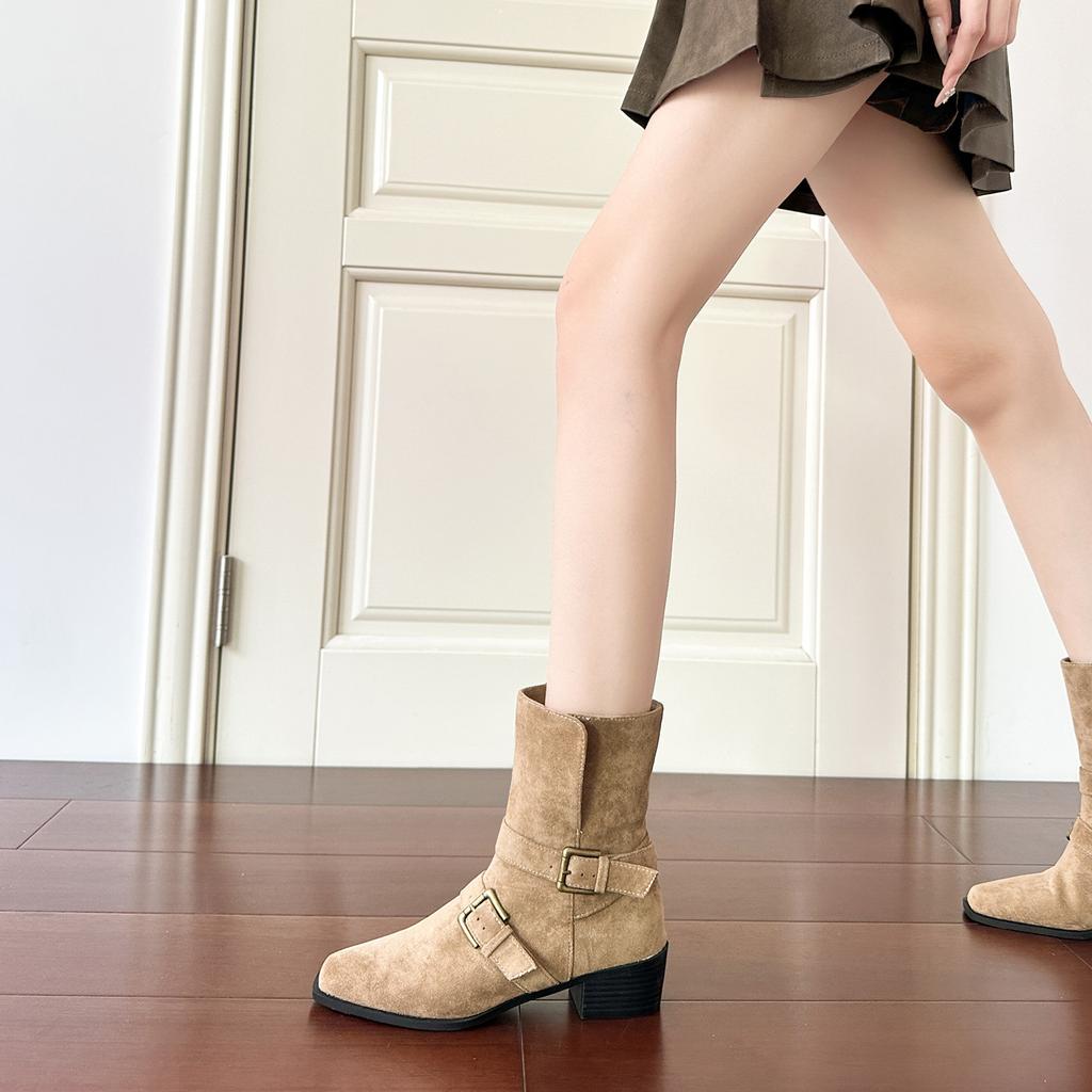 Новые складные ботильоны на толстом каблуке с квадратным носком и пряжкой-ремнем, женские короткие ботинки в западном стиле, ретро тонкие ботинки женские