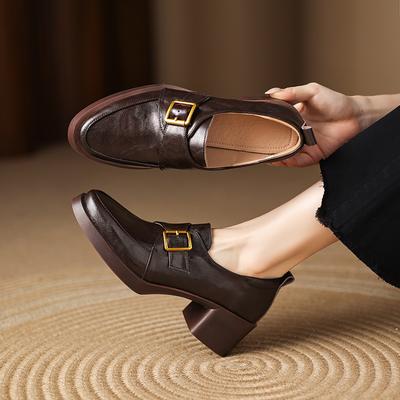 Мода 2025 Новые женские туфли-лодочки с острым носком, женская обувь на массивном каблуке, лоферы, модные туфли на высоком каблуке, женская обувь из спилковой кожи, большой размер 43