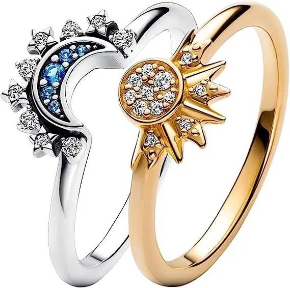 2023 New Celestial Blue Sparkling Moon Sun Star Crystal Ring for Women Fashion Elegant Stackable Finger Band Party Jewelry Gifts