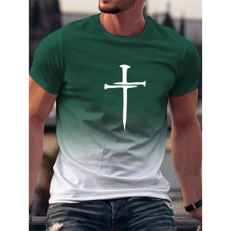 Gradient Christian Cross Pattern 3D Printed T-shirts Fashionable and Round Neck Short Sleeve Sports and Leisure Men's T-shirts