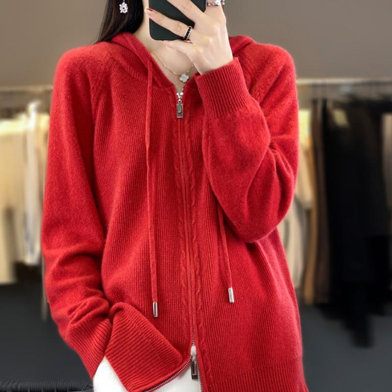 Кардиган с капюшоном на двойной молнии для женщин в осенне-зимней моде. Универсальная теплая вязаная куртка. Универсальная толстовка с длинным рукавом.