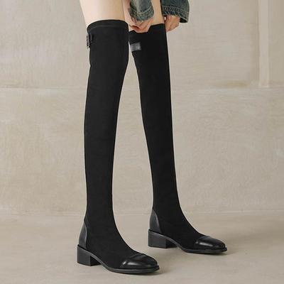 Флок Осенне-зимняя обувь Толстый каблук Размер 43 Длинные сапоги Черные Коричневые Стрейч Ботфорты