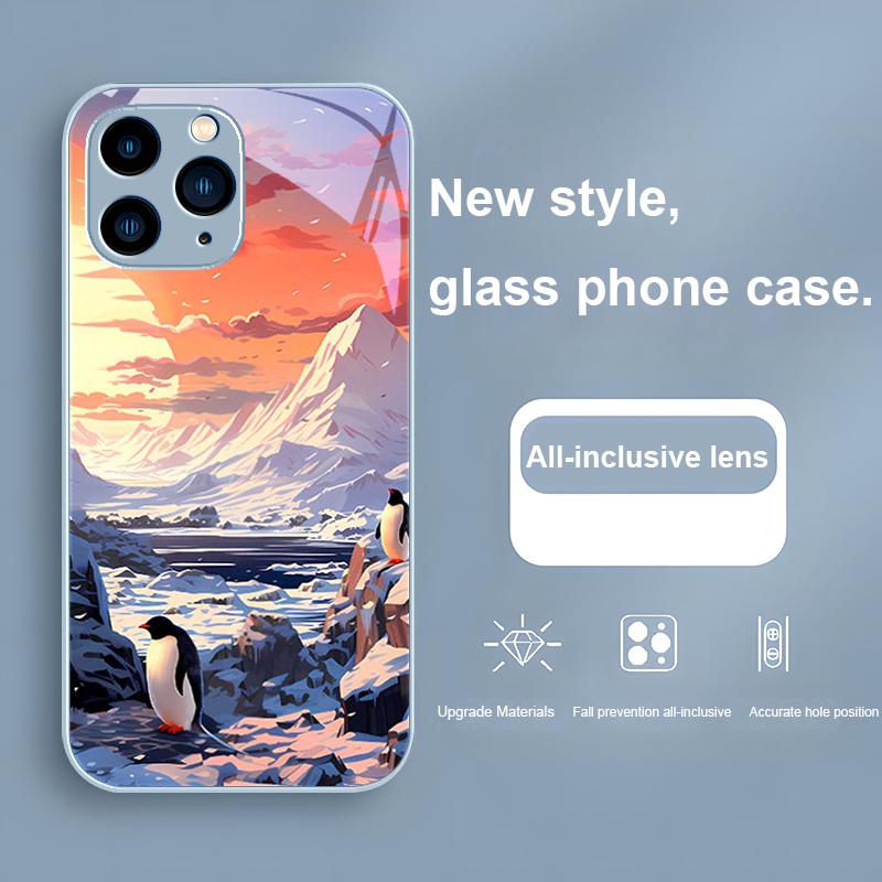 Sunshine Penguin Gold Purple For Iphone 16 Plus 15 14 13 12 Mini 11 Pro Max X XS XR 7 8 Plus 2022 Tempered Glass Phone Case