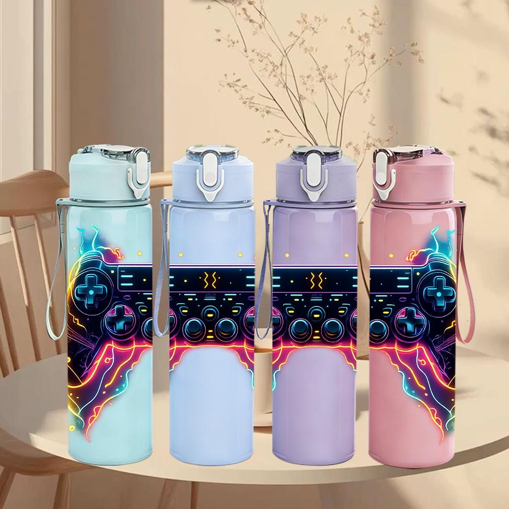 1PC Neon Light Game Controller Print 750ml Color Plastic Sports Water Bottle Leakproof Flip Straw Lid Suitable for Sports Office Home Use