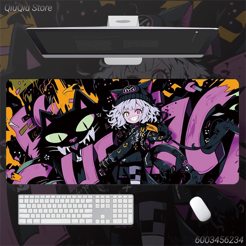 Dark Anime Black Cat Large Mouse Pad, Cool Manga Extended Desk Mat Non‑Slip Rubber Base Keyboard Mat for Gaming Office Decor