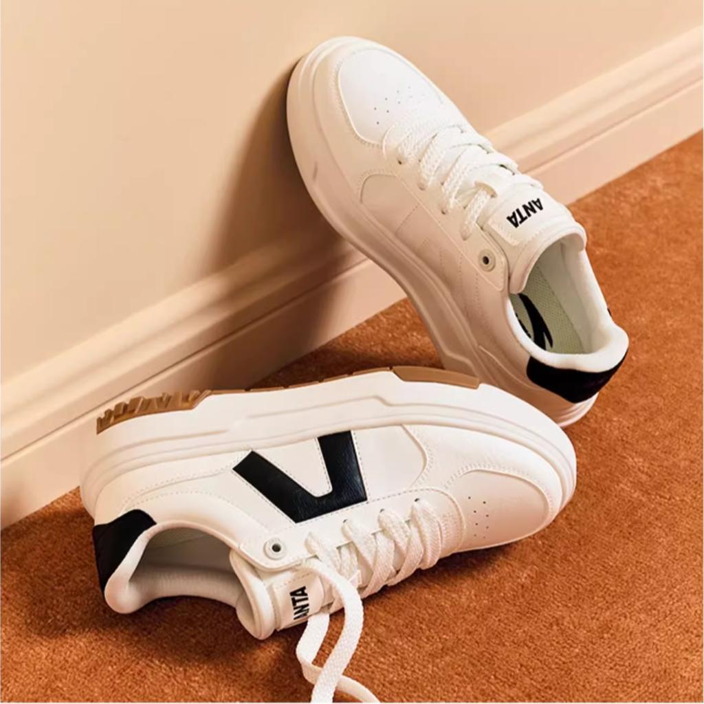 Anta A Path Synthetic Leather Casual Versatile Wear Resistant Height Increasing Low Top Skate Shoes Women Sneakers White Black 122448023-2