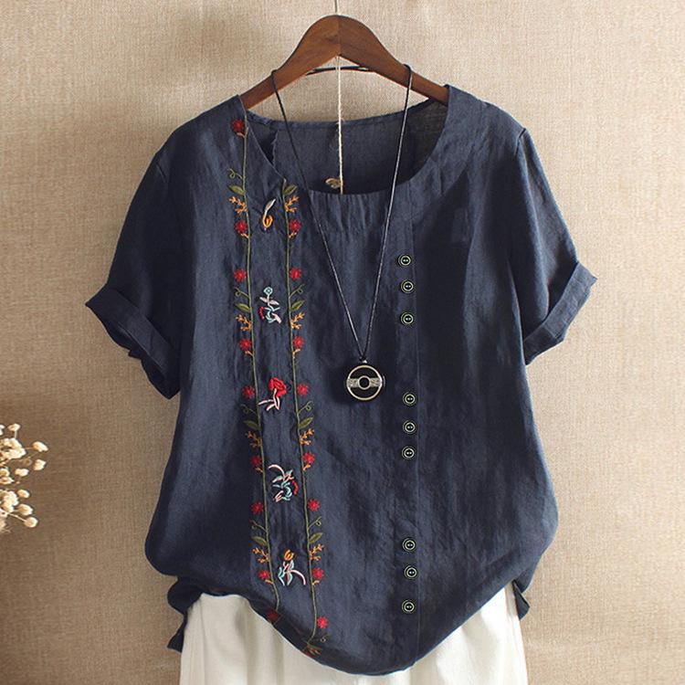 Женская футболка большого размера, хлопково-льняная блузка с вышивкой, футболки с короткими рукавами и пуговицами, летний топ, одежда для мам