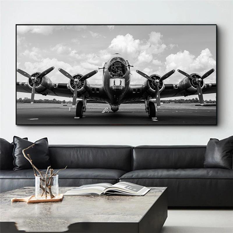 Винтажная картина на холсте с самолетом, ретро, ​​черно-белые постеры и принты, настенные художественные фотографии, пейзаж, закат, домашний декор, без рамки