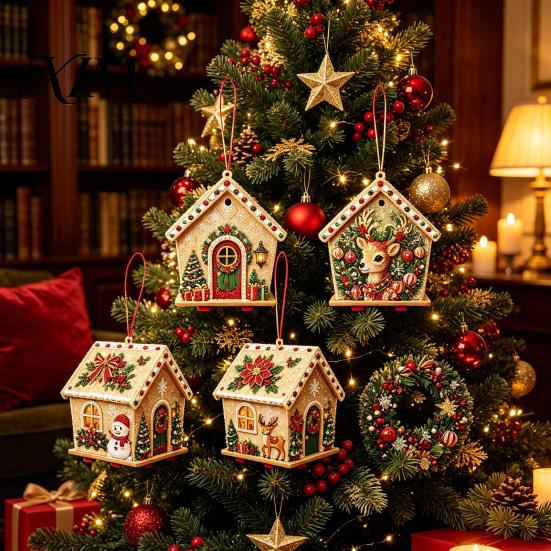 Holiday Celebration Supplies DIY Christmas Faux Pearl Art Painting Hanging Pendant Kit, 3D Bead Gingerbread Wooden Craft Project House Handmade