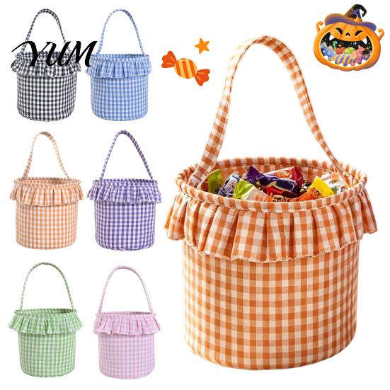 Holiday Decorative Storage Bins Halloween Basket, Plaid Ruffle Trick or Treat Candy Bucket with Handle Christmas Present Pouches for Kids, Reusable