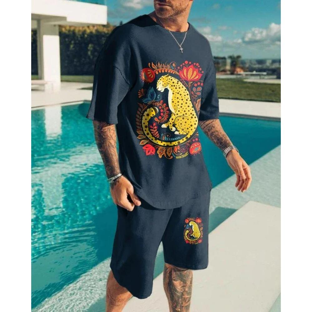 Летний комплект из 2 предметов с шортами с рисунком льва и свирепого зверя, повседневные уличные футболки и шорты, спортивный костюм с круглым вырезом и 3D-принтом