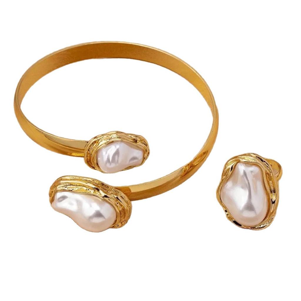 Ежедневное нишевое минималистичное кольцо с жемчугом, элегантный плиссированный браслет с регулируемым открытием, комплект