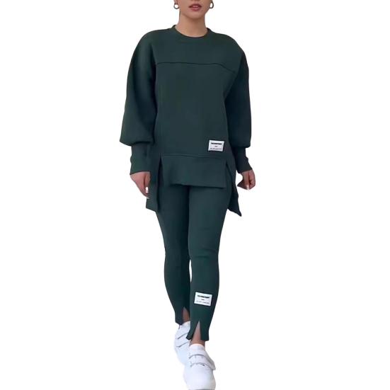 2 Pcs/Set Women Top Pants Suit Round Neck Long Sleeve Slit Hem Sweatshirt Elastic Waist Solid Color Slim Fit Trousers Winter Daily Wear Outfit