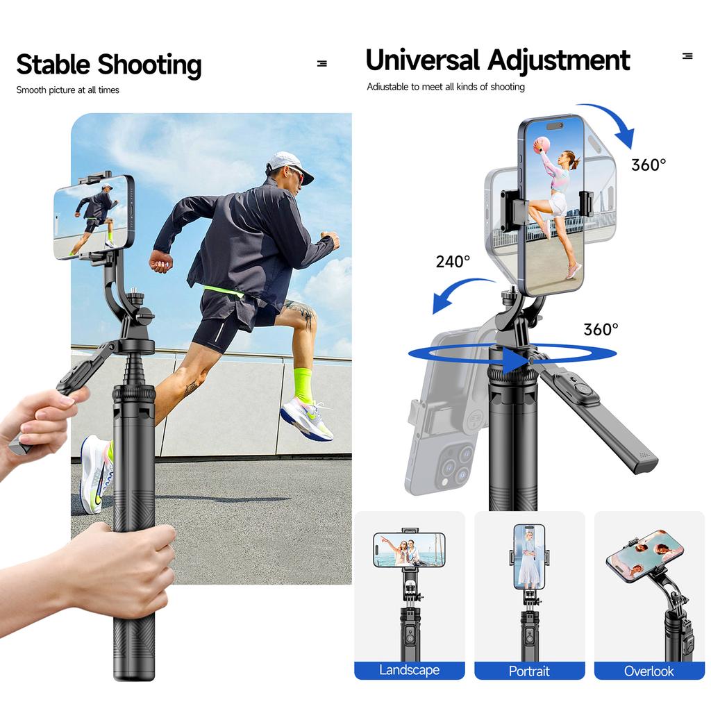 4-Leg Extendable Selfie Stick Tripod for Phone Max. Length 180cm/71in Stable Quadrapod with 1/4