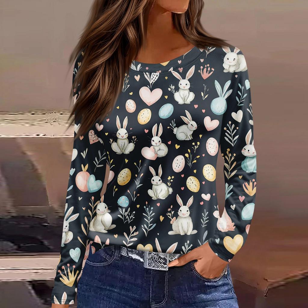 Женская модная повседневная свободная футболка с принтом и круглым вырезом с разрезом и длинным рукавом, женский топ