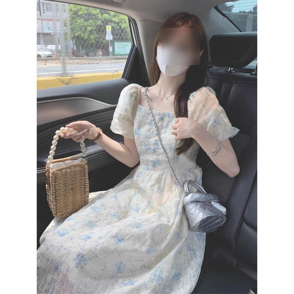 Квадратный воротник, цветочное платье для летнего отпуска на море, с талией и тонкими рукавами-буфами, длинная юбка