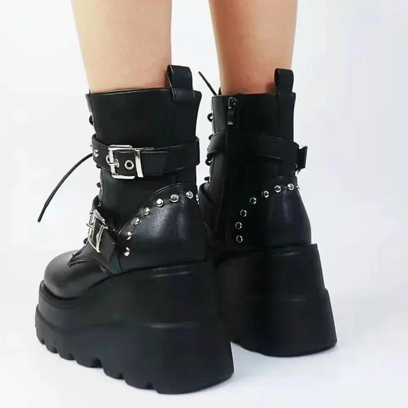 Fashion New Women's Pu Leather Ankle Boots Women Autumn Winter Round Toe Lace Up Shoes Woman Motorcycle Platform Botas Gothic Shoes