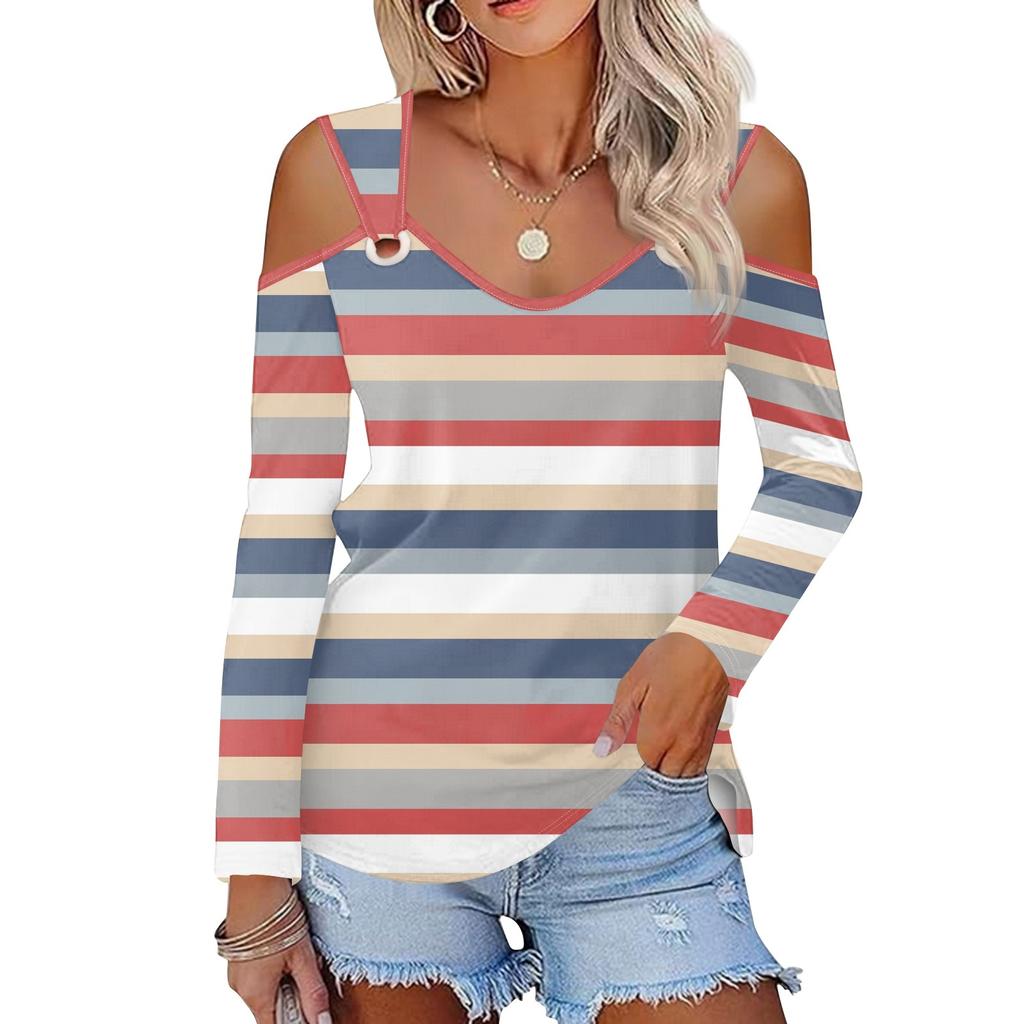 Женская повседневная рубашка-блузка с принтом, V-образным вырезом, сексуальным открытыми плечами, длинным рукавом