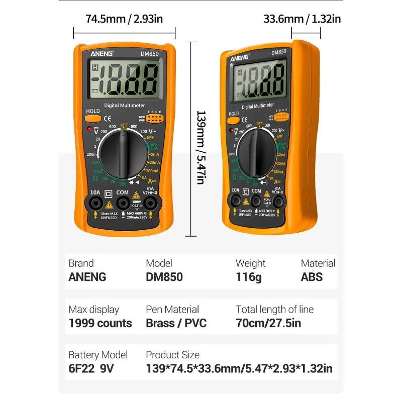 Портативный цифровой мультиметр ANENG DM850, 1999 отсчетов, AC/DC Напряжение, Ом, Ток, Детектор, Амперметр + B15 Тестер напряжения-ручка, Инструменты электрика, Цифровой дисплей