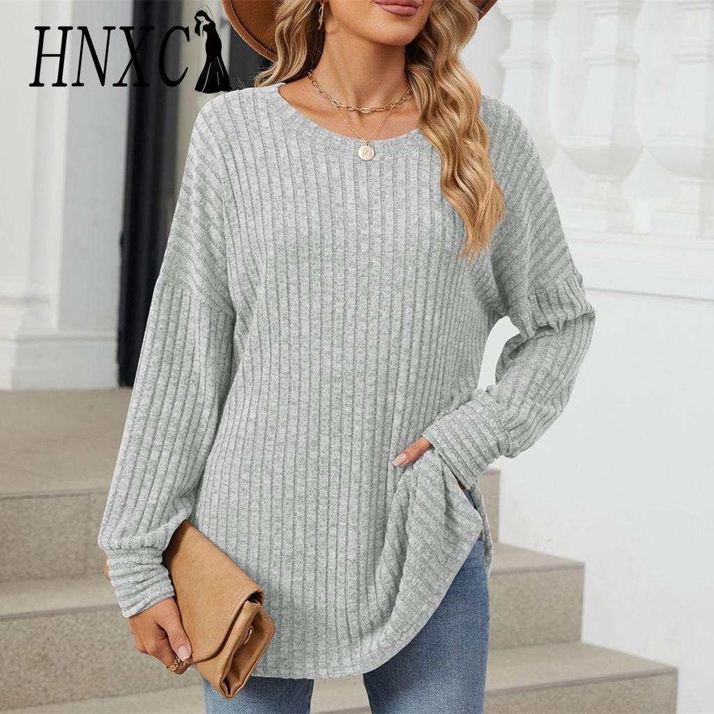 HNXC Women's Fashion Casual Autumn Winter Solid Color Print Long Sleeve O Neck Blouses & Shirts