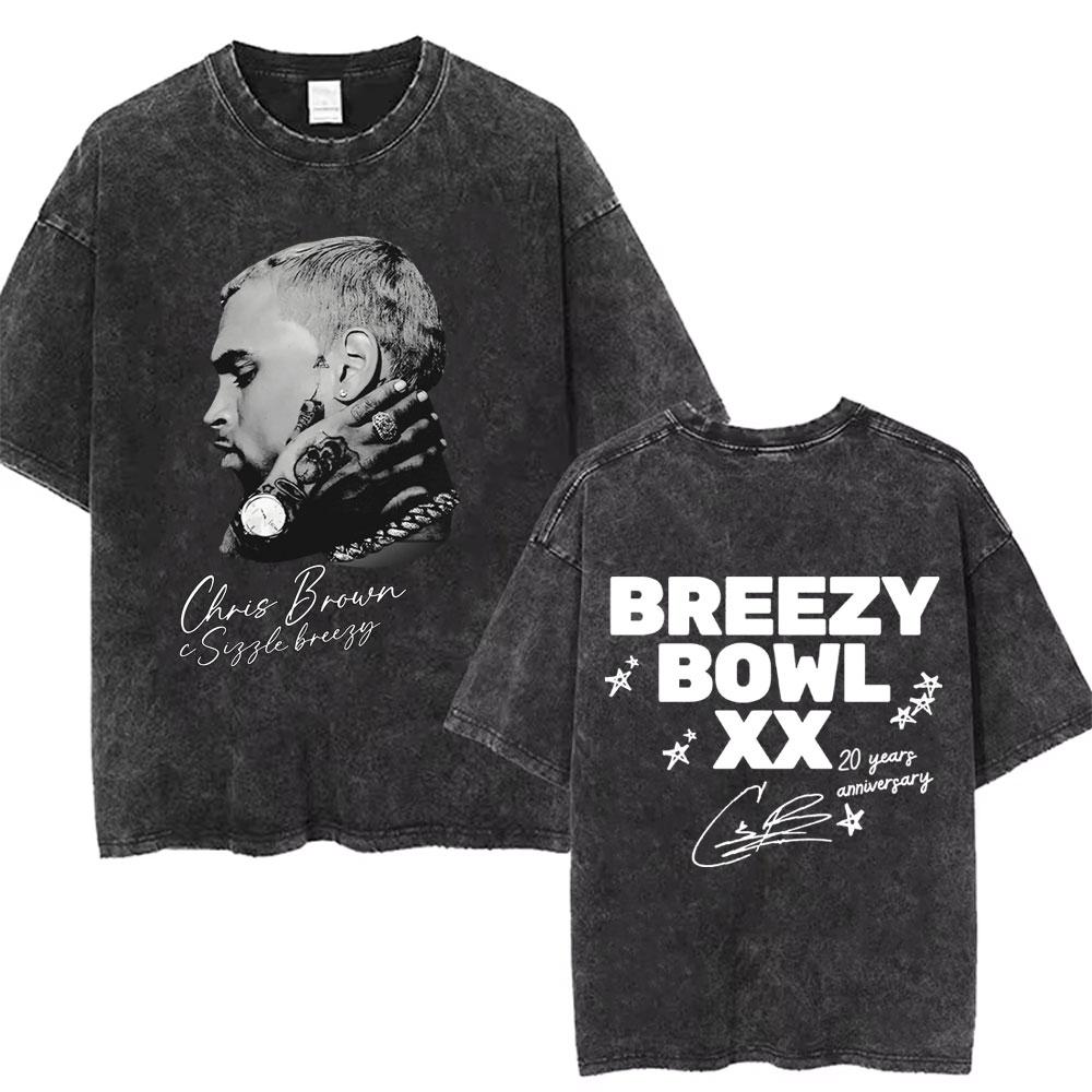 retro Washed Chris Brown Breezy Bowl XX Tour Graphic T Shirts Men Hip Hop Fashion Casual Tshirts Unisex Summer Cotton tees