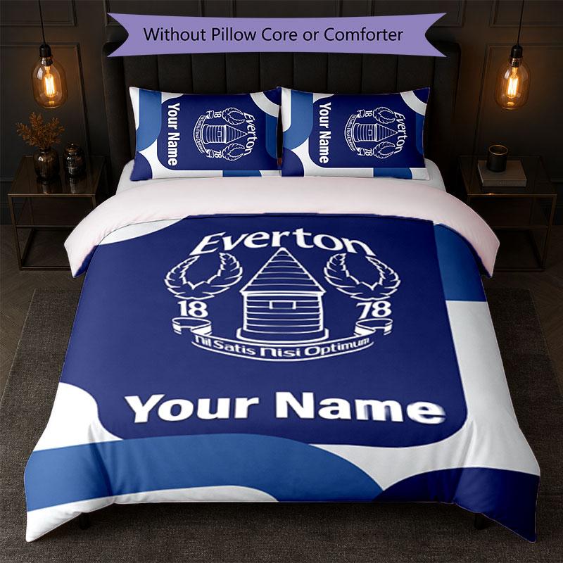 Everton FC Custom Name Text Bedding Set 1 Duvet Cover+2 Pillowcases Soccer Logo Personalized Gift For Special Occasion Bedroom Decor