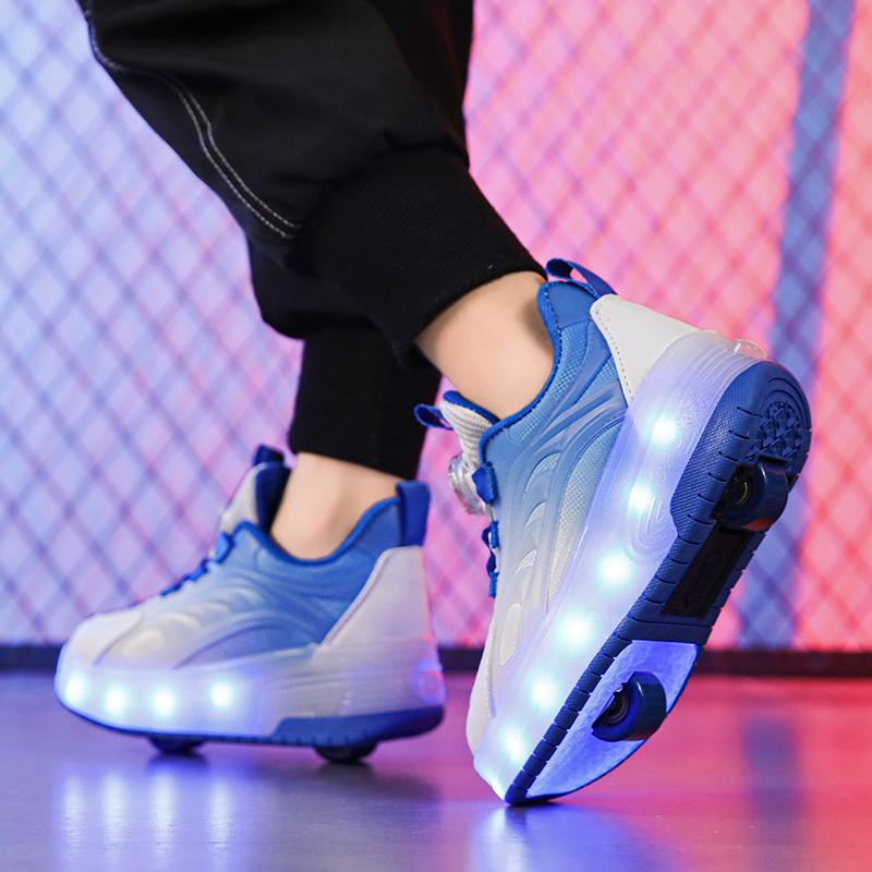Двухколесные светящиеся туфли для мальчиков Кожаные светящиеся роликовые коньки с вращающимися кнопками Туфли для девочек Glitter Bright Light Shoe Tide