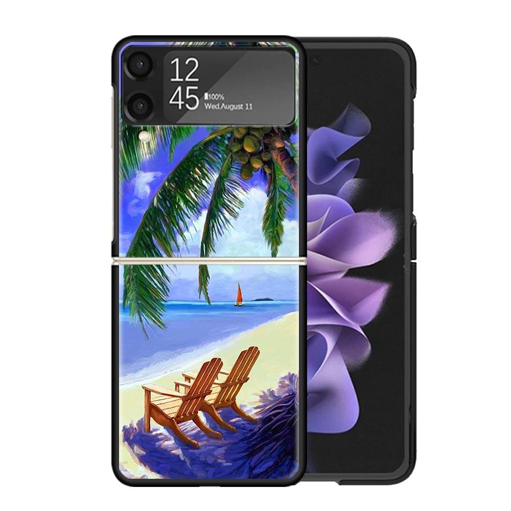 Summer Beach Sunset Sea Palm Tree Clear Phone Case For Samsung Z Flip 7 6 5 4 3 Galaxy ZFlip7 ZFlip6 ZFlip5 ZFlip4 ZFlip3 5G Pri