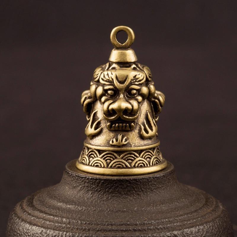 Copper Three Lions Head Bell Small Ornaments Desk Feng Shui Decorations Retro Brass Keychain Pendants Home Decor for Living Room