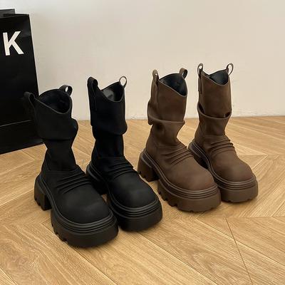 Женские ботинки Мартина на толстой подошве с тонкой плиссировкой, весенне-осенние одинарные ботинки, новые простые ботинки-чулки, увеличивающие рост, ботинки цвета ревеня