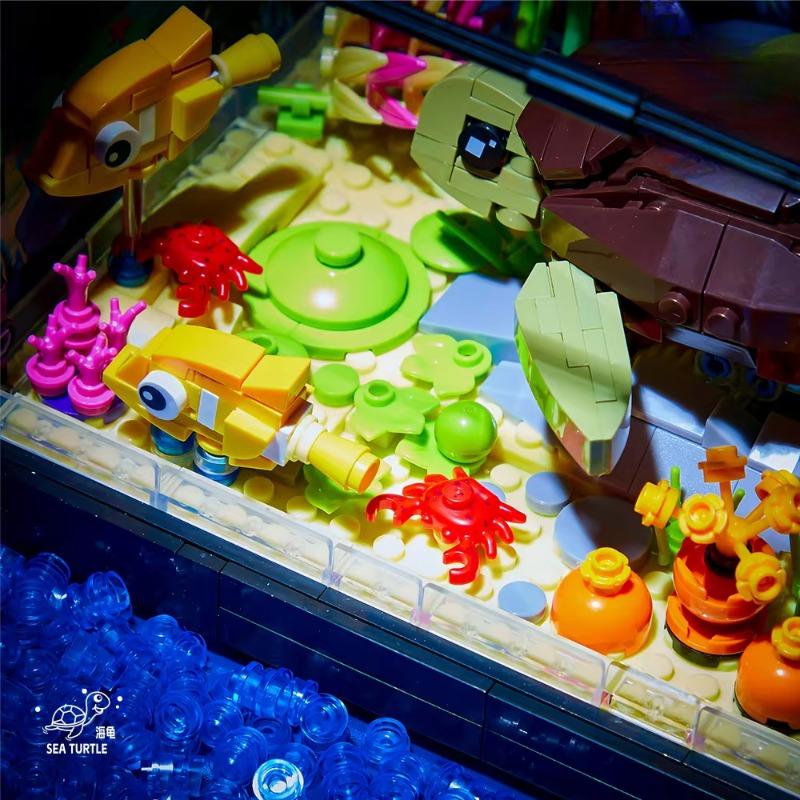 Aquatic Animal Fish Tank Marine Organism Tortoise Building Blocks Set 7024 Aquarium Diy Assemble Bricks Toy Kit With Light