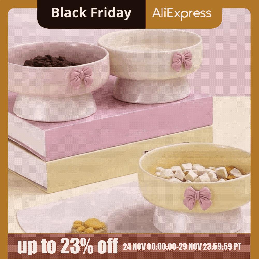 Керамическая миска для кошек большого объема, макаронные цвета, нескользящая основа, приподнятая миска для питомца с бантом, миска для кормления питомца, миска для кормления и питья питомца