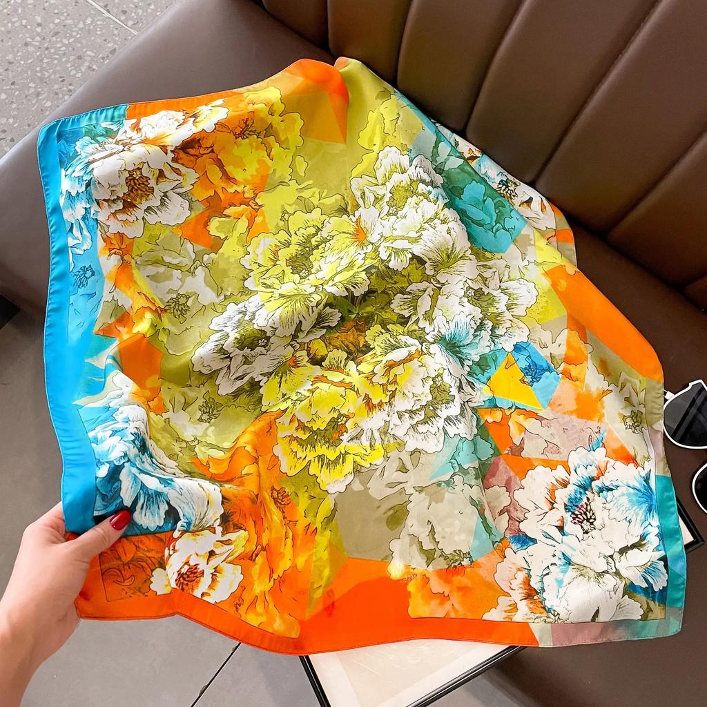 Plaid Silk Square Scarf Women Satin Shawl Wrap Hijab Female Hair Band Wrist Luxury Headkerchief 70*70cm Echarpe Bandana