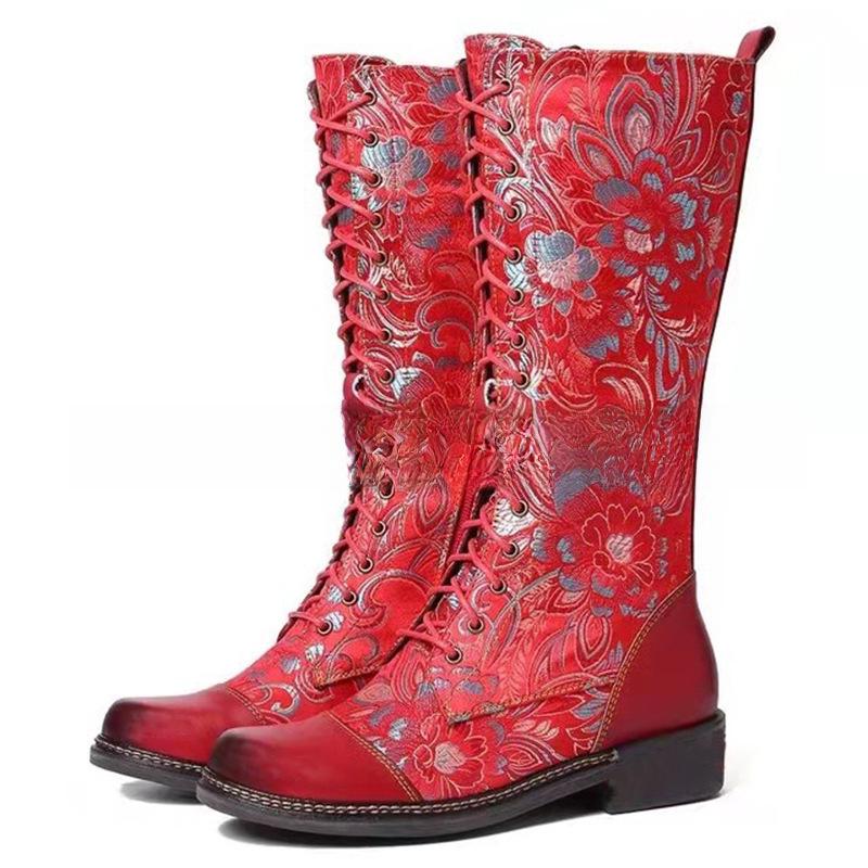 Женские рыцарские сапоги до середины голени с этническим принтом «тотем» и квадратным каблуком