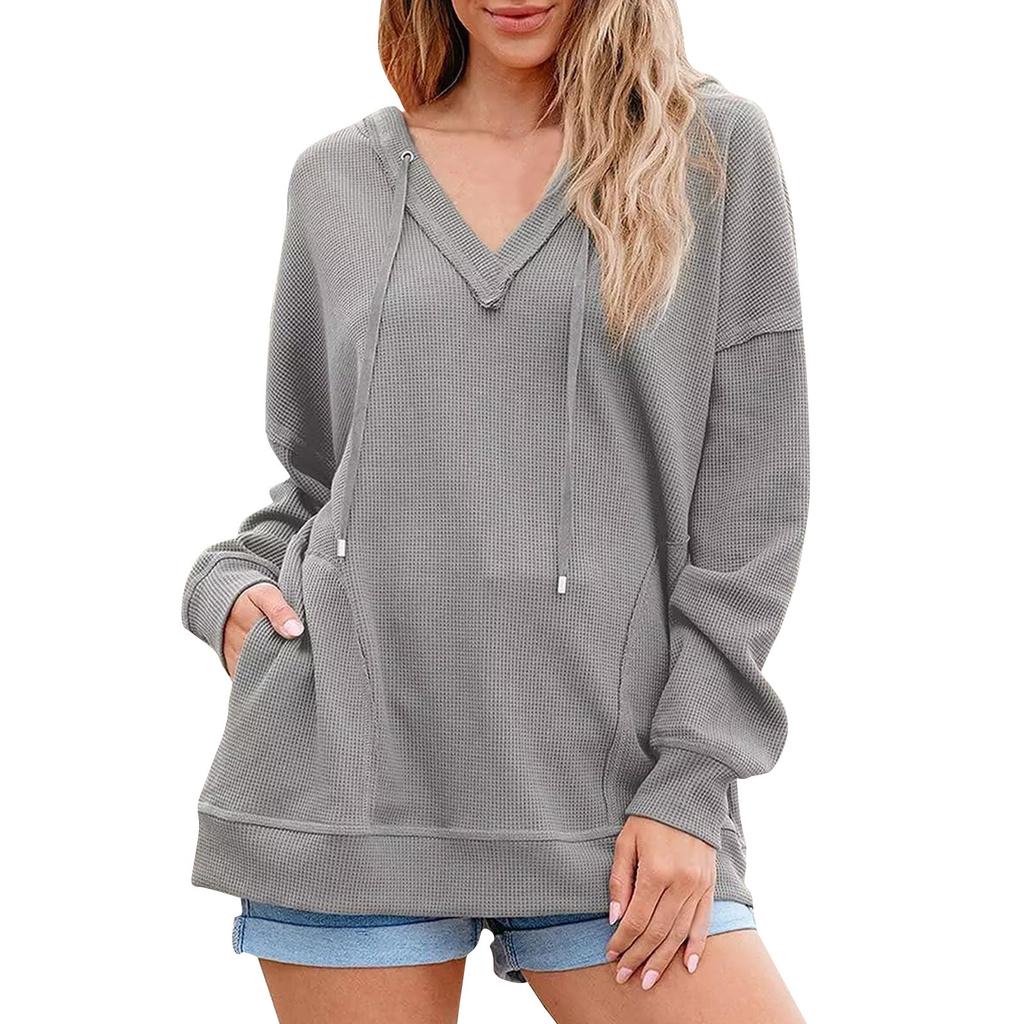 Женская повседневная модная однотонная толстовка с капюшоном и V-образным вырезом с длинным рукавом
