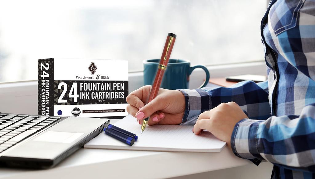 Набор из 24 стержней для перьевых ручек Wordsworth Black, набор из 24 синих чернильных картриджей, международный стандартный размер, длина, прибл. - - - 1,5