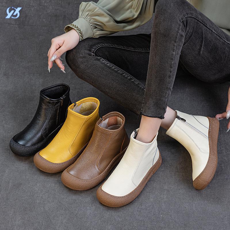 Женские кожаные полусапоги из коровьей кожи первого слоя на плоской подошве, удобные, с боковой молнией, с круглым носком, новые, с короткой шерстью, теплые