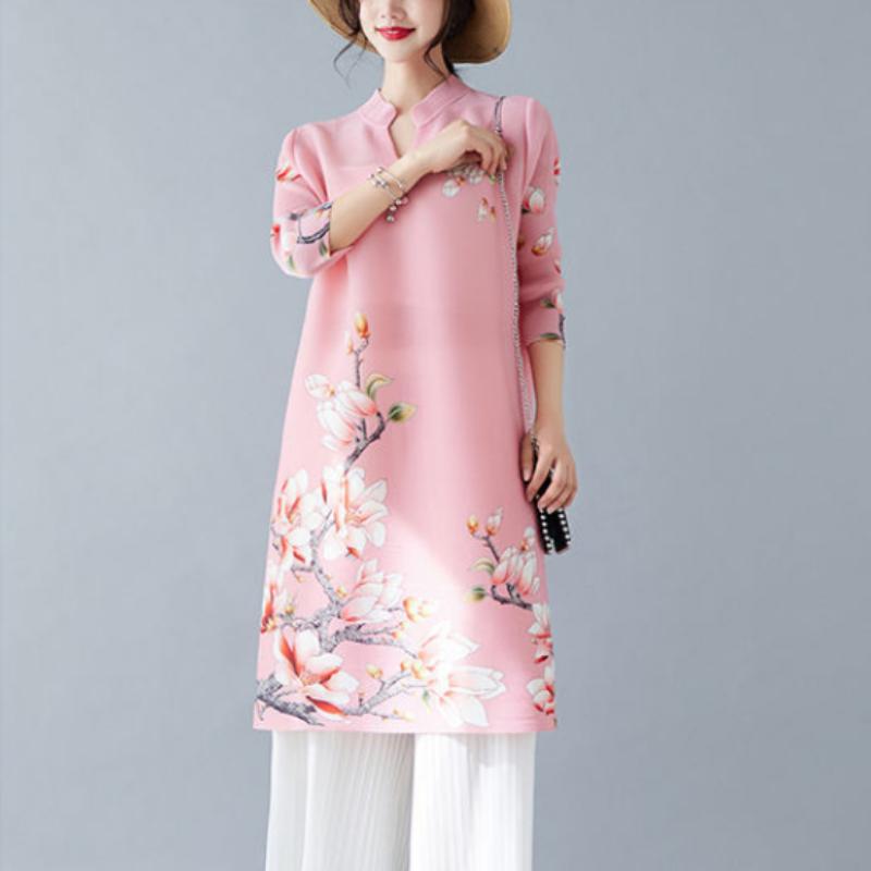 Платье 2022, новое летнее плиссированное платье средней длины с принтом, тонкий воротник-стойка, рукав три четверти