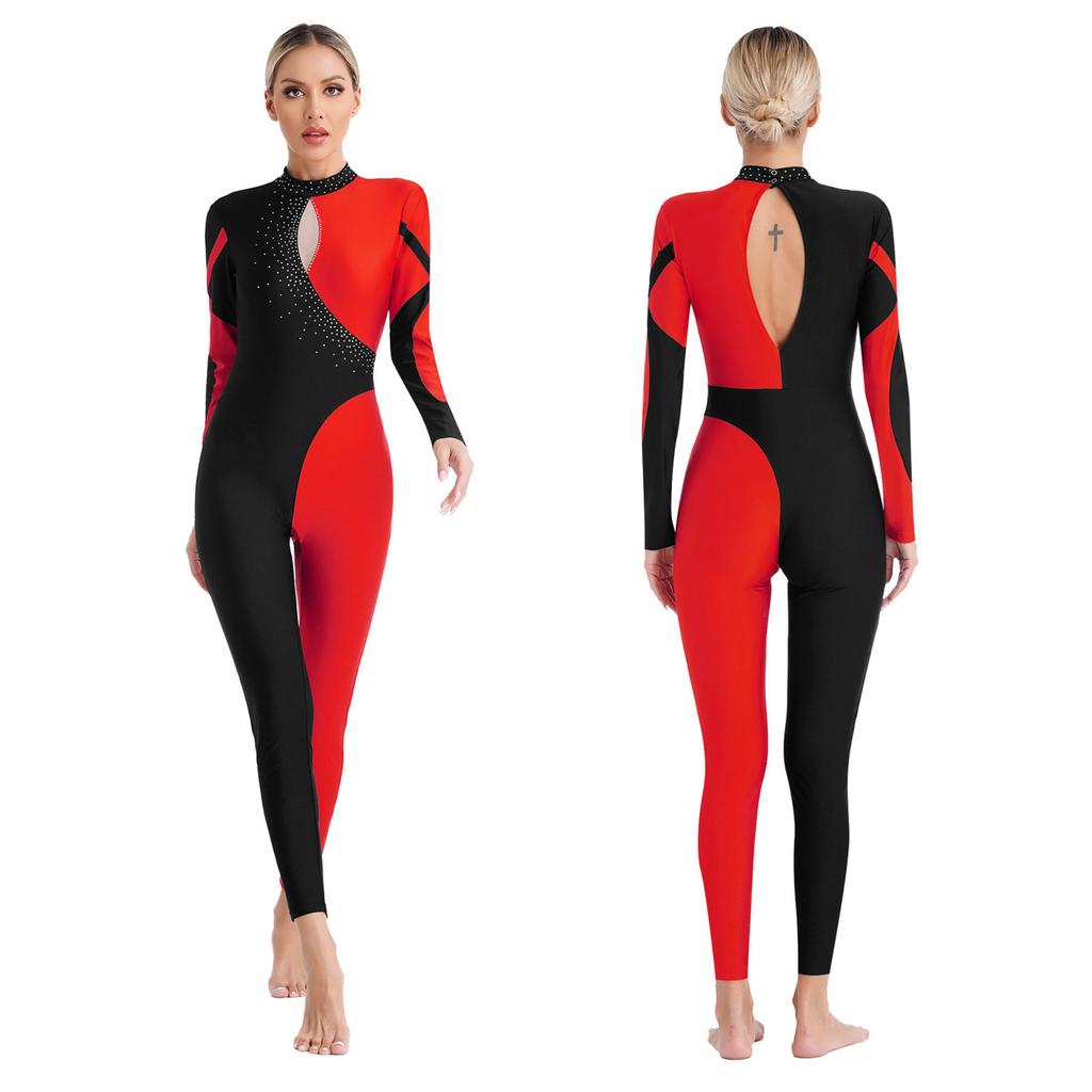 Женский гимнастический костюм для фигурного катания, танцевальный костюм контрастного цвета, лоскутный комбинезон, блестящие стразы, боди с длинным рукавом и замочной скважиной на спине