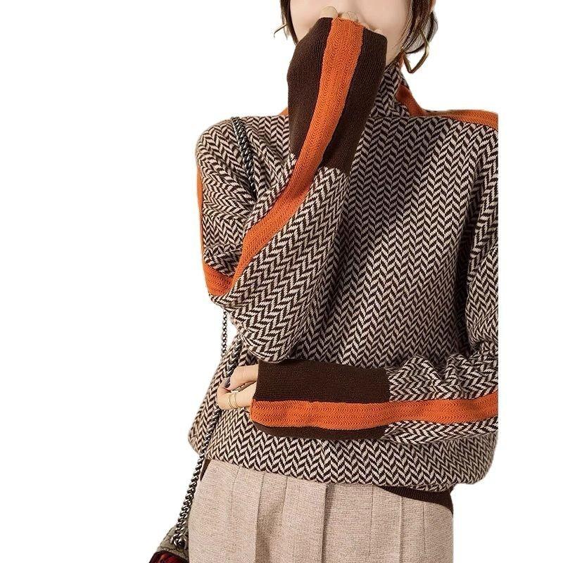 Autumn and Winter Design Sense Lazy Loose Contrasting Color Sleeves Full Imitation Wool Turtleneck Knitted Sweater Women's Autumn and Winter