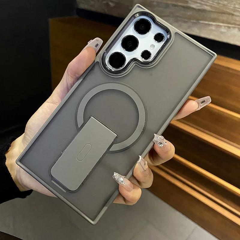 Складная подставка-кронштейн Магнитный чехол для беспроводной зарядки для Samsung S23 S24 S25 S26 Ultra Plus Матовый полупрозрачный Ударопрочный бампер